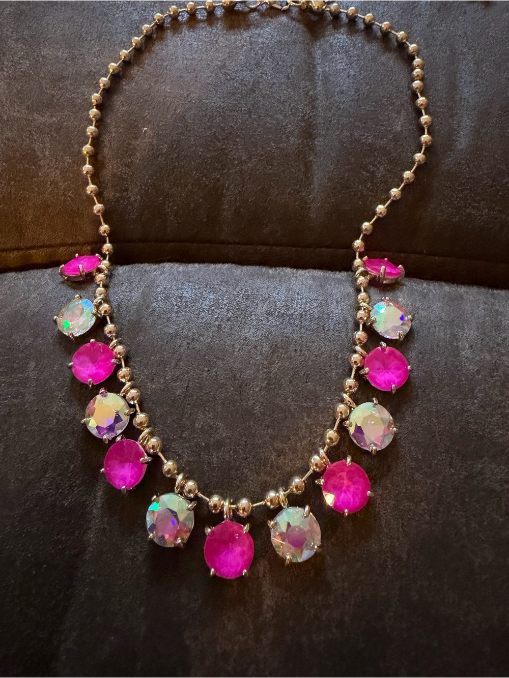 Gold Beaded Necklace with Fuchsia and Iridescent Crystal Drops